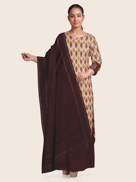 

Pothys Cream-Coloured & Maroon Printed Pure Cotton Unstitched Dress Material