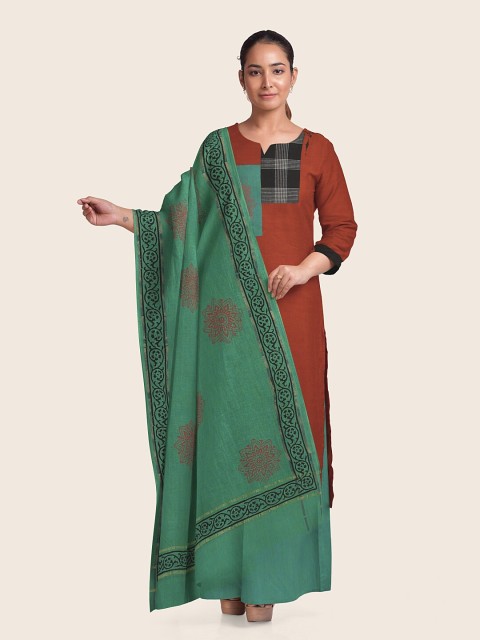 

Pothys Rust & Green Printed Pure Cotton Unstitched Dress Material