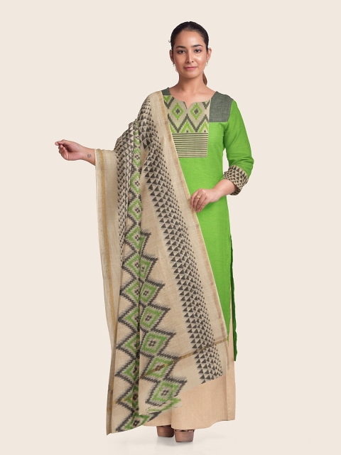 

Pothys Women Green & Cream-Colored Printed Unstitched Dress Material