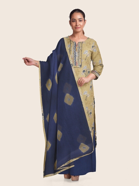 

Pothys Gold-Toned & Navy Blue Printed Unstitched Dress Material