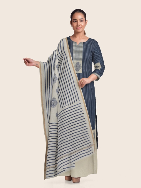 

Pothys Blue & Off White Printed Pure Cotton Unstitched Dress Material