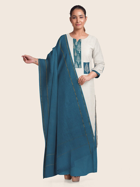 

Pothys White & Teal Printed Pure Cotton Unstitched Dress Material