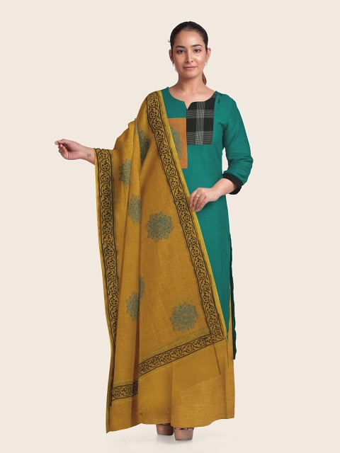 

Pothys Teal Blue & Mustard Printed Pure Cotton Unstitched Dress Material