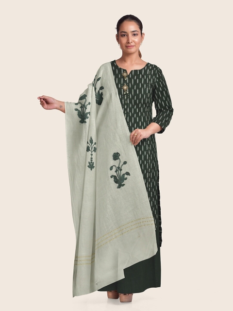 

Pothys Women Green & Off White Printed Unstitched Dress Material