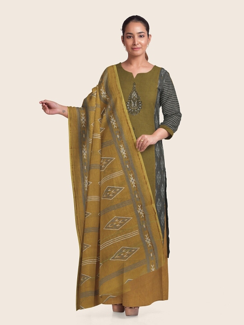 

Pothys Grey & Olive Green Printed Pure Cotton Unstitched Dress Material