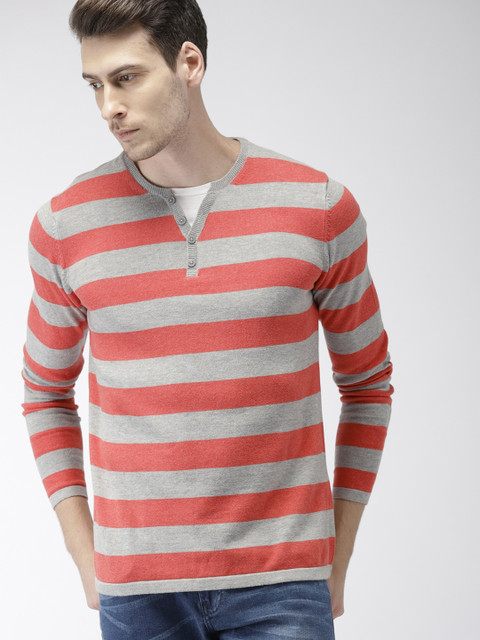 

Celio Men Grey & Orange Striped Pullover