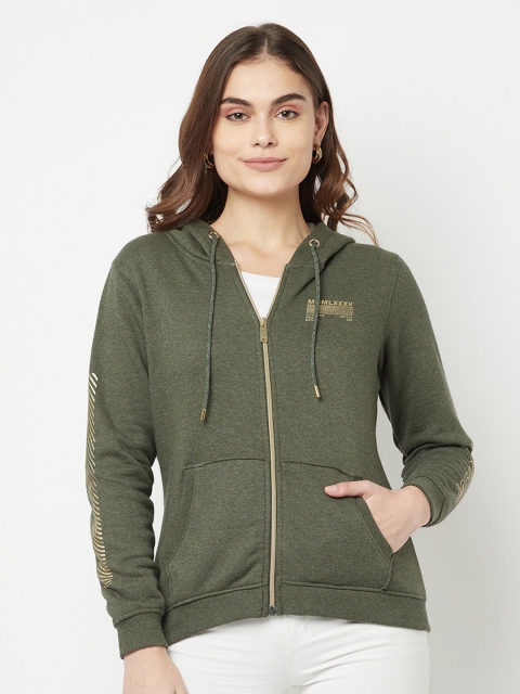 

METTLE Women Olive Green Hooded Fleece Sweatshirt