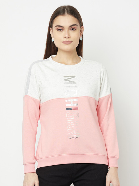 

METTLE Women Pink & White Colourblocked Sweatshirt