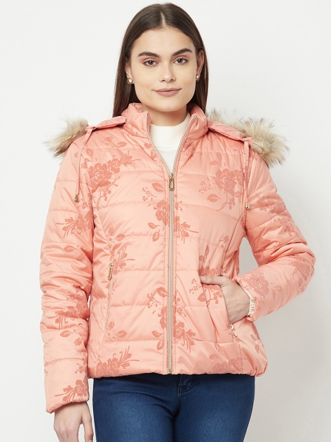 

METTLE Women Coral Floral Parka Jacket with Faux Fur