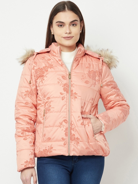 

METTLE Women Coral Floral Printed Padded Hooded Jacket