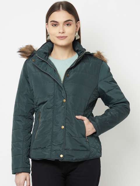 

METTLE Women Blue Puffer Jacket with Faux Fur