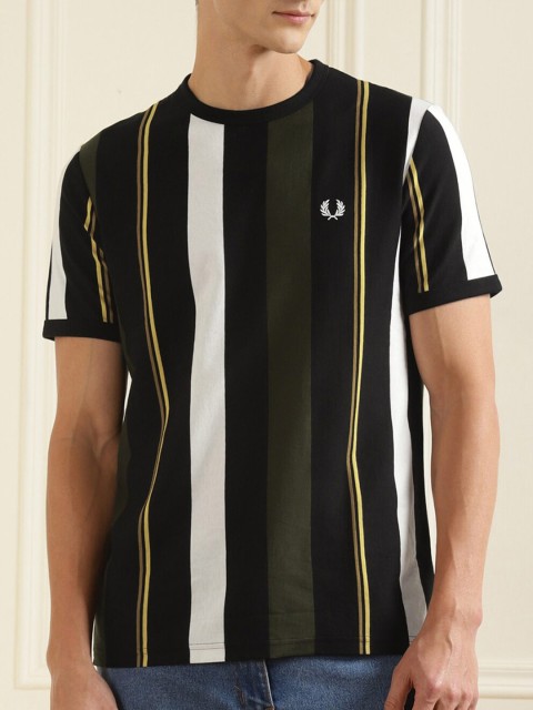 

Fred Perry Men Black & White Striped Pure Cotton T-shirt