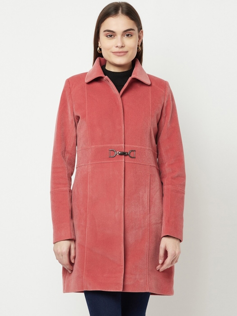 

METTLE Women Coral-Coloured Solid Longline Overcoat