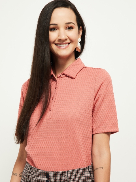 

max Women Mauve Self Design Polo Collar T-shirt