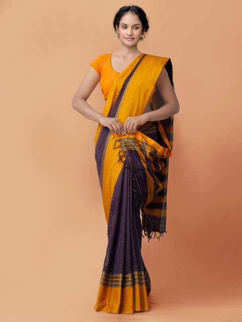 

Unnati Silks Violet & Yellow Checked Pure Cotton Handloom Sustainable Narayan Peth Saree