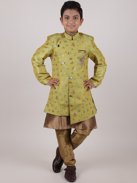 

Pothys Boys Green & Gold-Colored Printed Sherwani Set