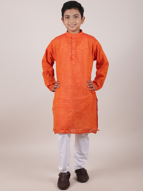 

Pothys Boys Orange Printed Pure Cotton Kurta with Churidar