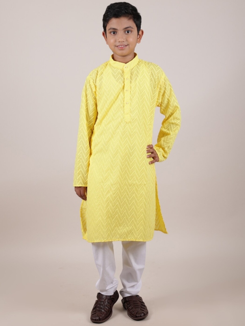 

Pothys Boys Yellow Embroidered Pure Cotton Kurta with Pyjamas & With Dupatta