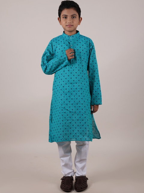 

Pothys Boys Teal Printed Pure Cotton Kurta with Trousers