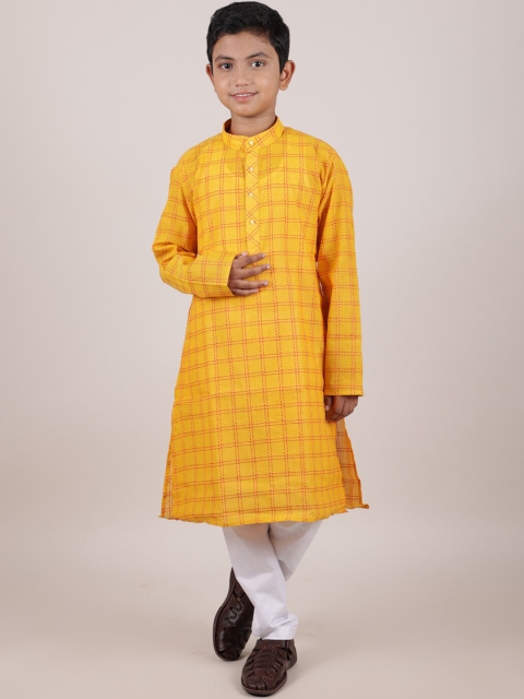 

Pothys Boys Mustard Yellow Striped Pure Cotton Kurta with Pyjamas & With Dupatta