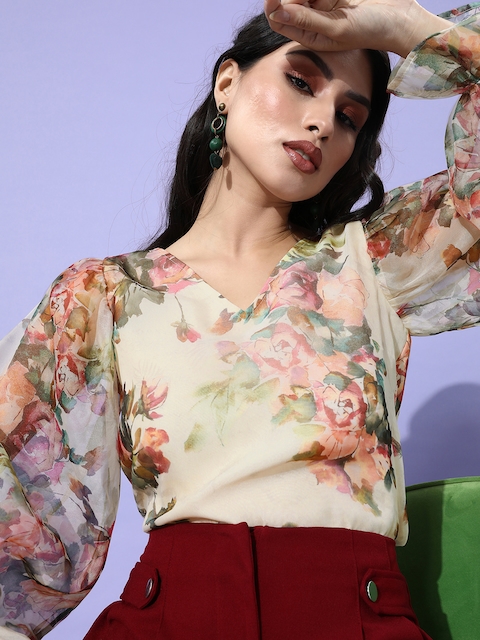 

MISH Women Chic Mult-Coloured Floral Puff Sleeves Top, Multi