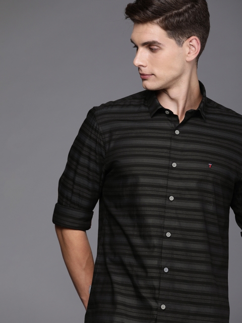 

Louis Philippe Jeans Men Navy Blue & Grey Super Slim Fit Striped Casual Shirt
