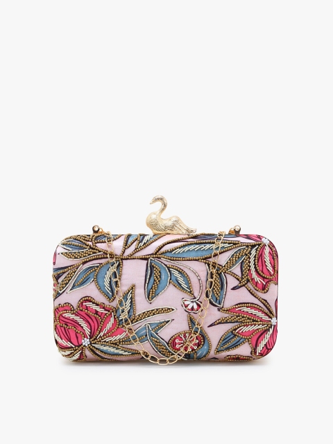 

Anekaant Pink & Blue Floral Embellished Satin Box Clutch