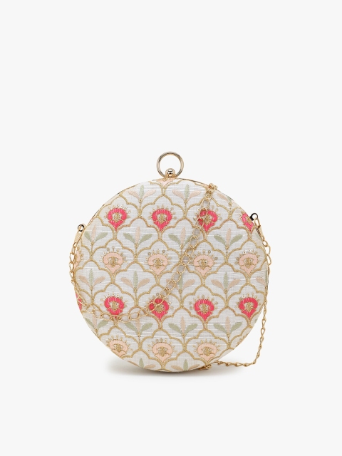 

Anekaant Beige & Red Embroidered Box Clutch