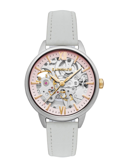 

EARNSHAW Women Silver-Toned Skeleton Dial & White Leather Straps Analogue Watch ES-8151-05, Transparent