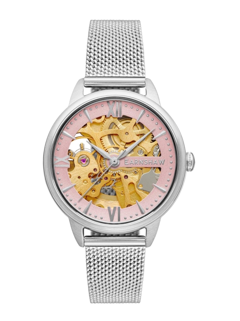 

EARNSHAW Women Pink Dial & Silver Toned Stainless Steel Bracelet Style Straps Analogue Automatic Motion Watch, Transparent