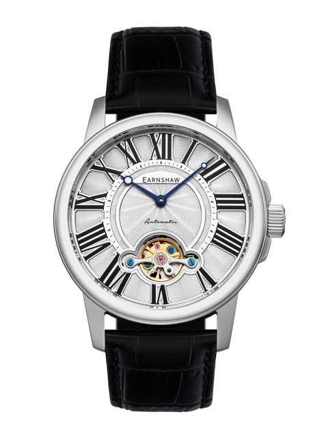 

EARNSHAW Men Silver-Toned Brass Dial & Black Leather Bracelet Style Straps Analogue Automatic Motion Powered Watch