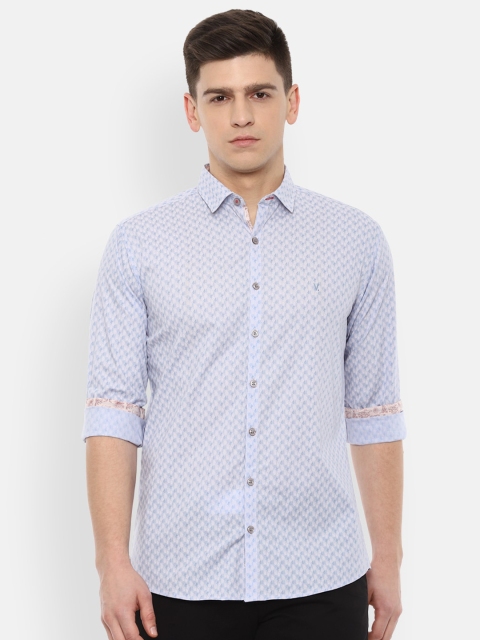 

V Dot Men White & Blue Slim Fit Printed Pure Cotton Casual Shirt