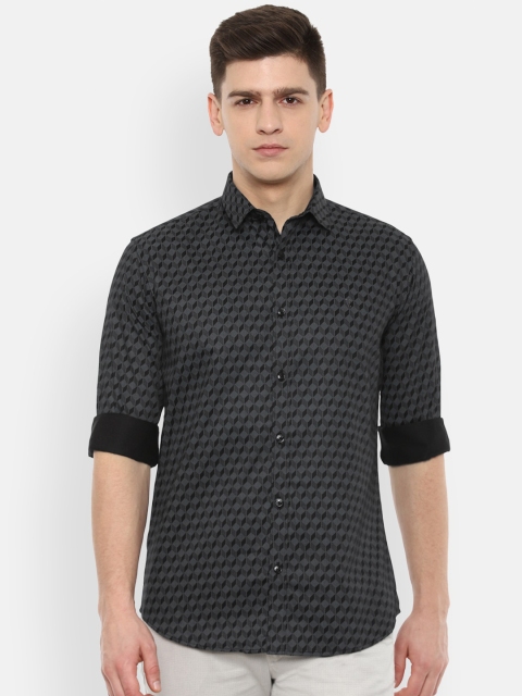 

V Dot Men Black & Charcoal Grey Slim Fit Geometric Print Pure Cotton Casual Shirt