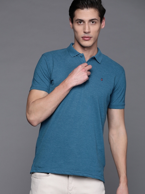 

Louis Philippe Sport Men Teal Solid Polo Collar T-shirt with Melange Effect