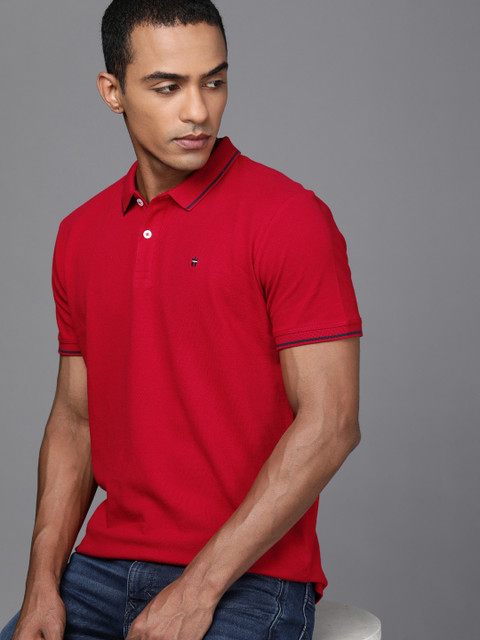 

Louis Philippe Jeans Men Red Brand Logo Printed Polo Collar Slim Fit Pure Cotton T-shirt