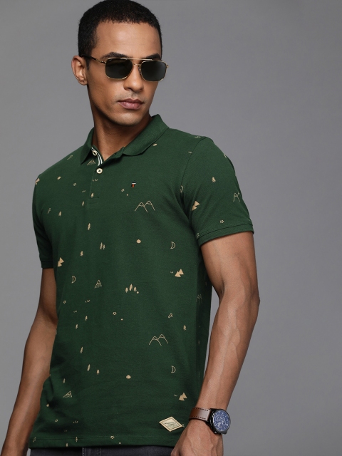 

Louis Philippe Jeans Men Green Printed Polo Collar Pure Cotton Slim Fit T-shirt