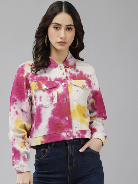 

The Dry State Women Pink Yellow Tie and Dye Corduroy Tailored Jacket