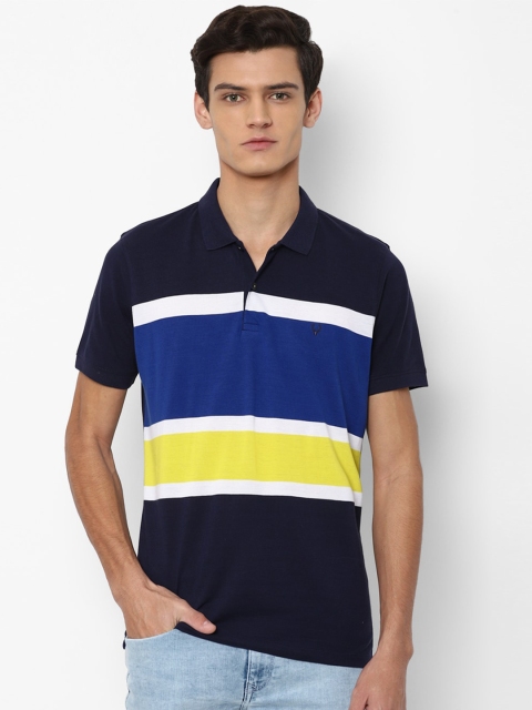 

Allen Solly Men Navy Blue & Yellow Striped Polo Collar Pure Cotton T-shirt