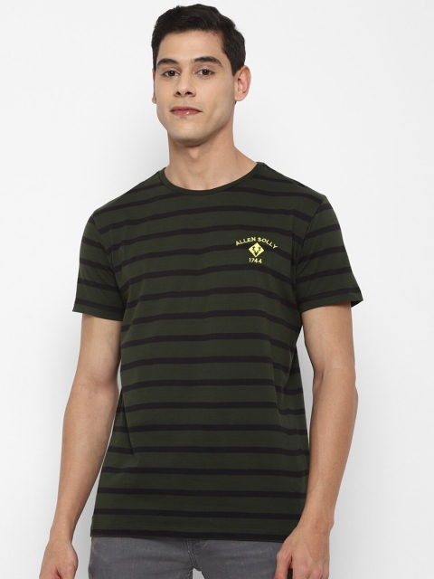 

Allen Solly Men Olive Green & Black Pure Cotton Striped T-shirt