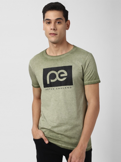 

Peter England Casuals Men Olive Green Typography Printed Slim Fit Pure Cotton T-shirt