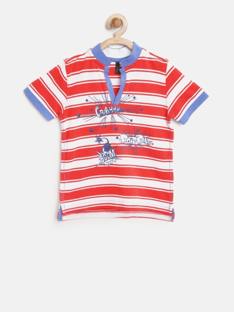 

United Colors of Benetton Boys Red Striped Mandarin Collar T-shirt