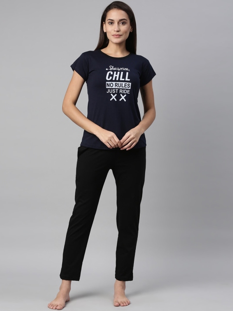 

TRUNDZ Women Navy Blue & Black Printed Night suit