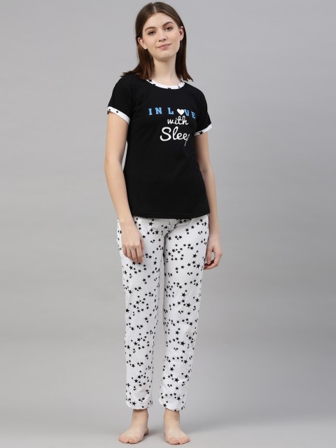 

TRUNDZ Women Black & White Printed Night suit