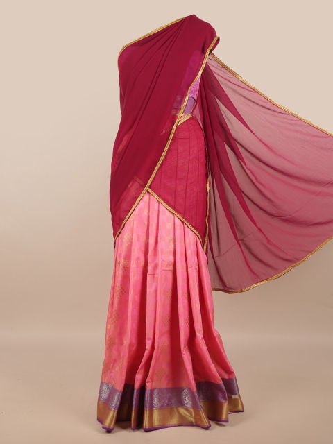 

Pothys Magenta & Peach-Coloured Unstitched Lehenga & Blouse With Dupatta