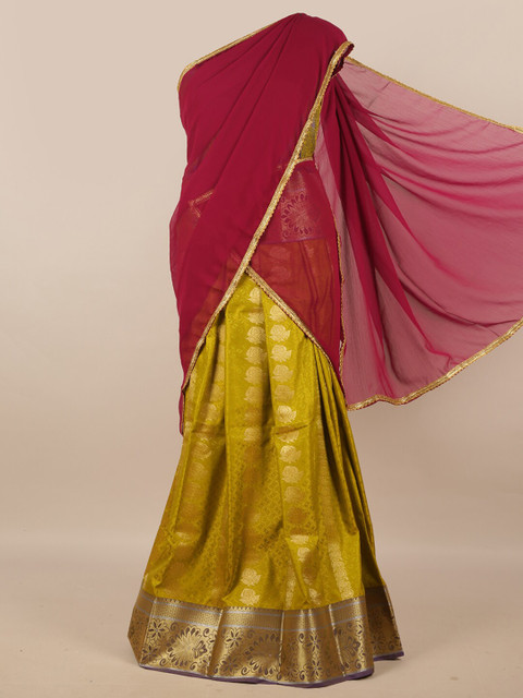 

Pothys Magenta & Green Unstitched Lehenga & Blouse With Dupatta