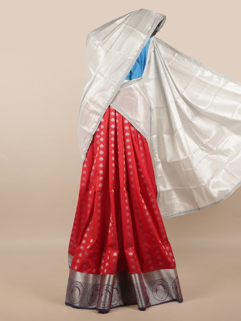

Pothys Silver-Toned & Maroon Unstitched Skirt & Blouse With Dhavani