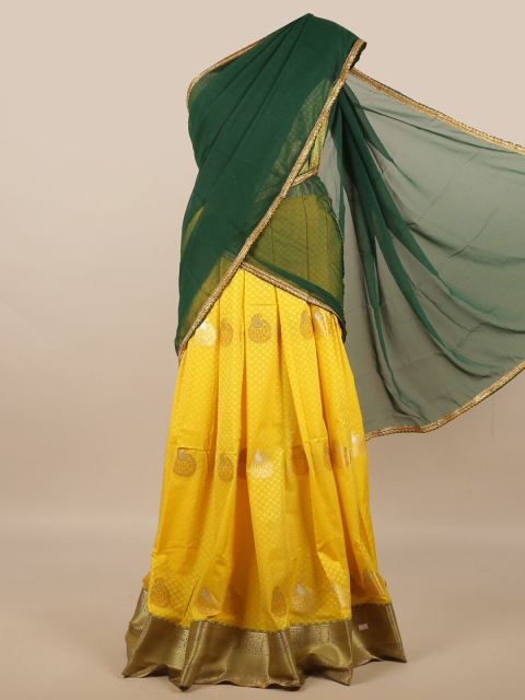 

Pothys Green & Yellow Unstitched Lehenga & Blouse With Dupatta