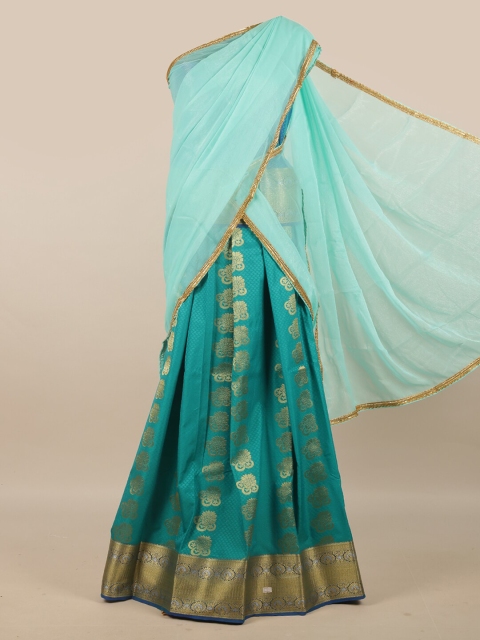 

Pothys Blue & Green Unstitched Skirt & Blouse With Dhavani