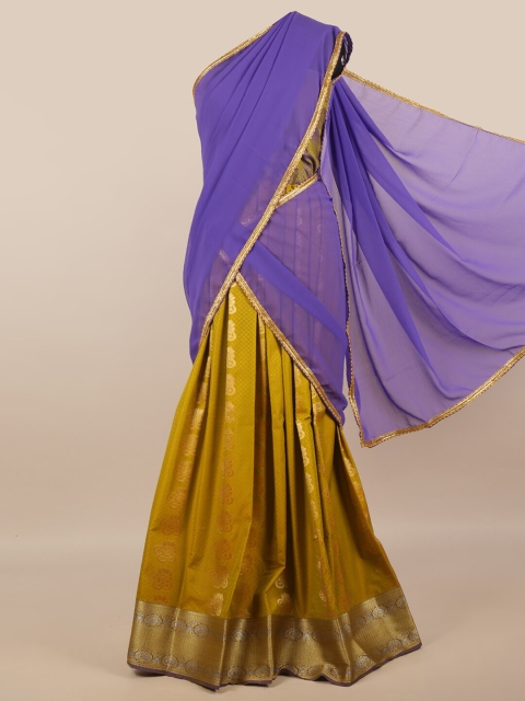 

Pothys Blue & Mustard Unstitched Lehenga & Blouse With Dupatta