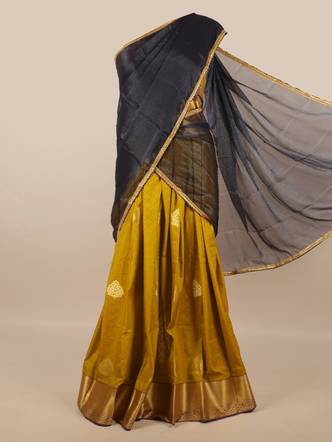 

Pothys Navy Blue & Brown Unstitched Lehenga & Blouse With Dupatta